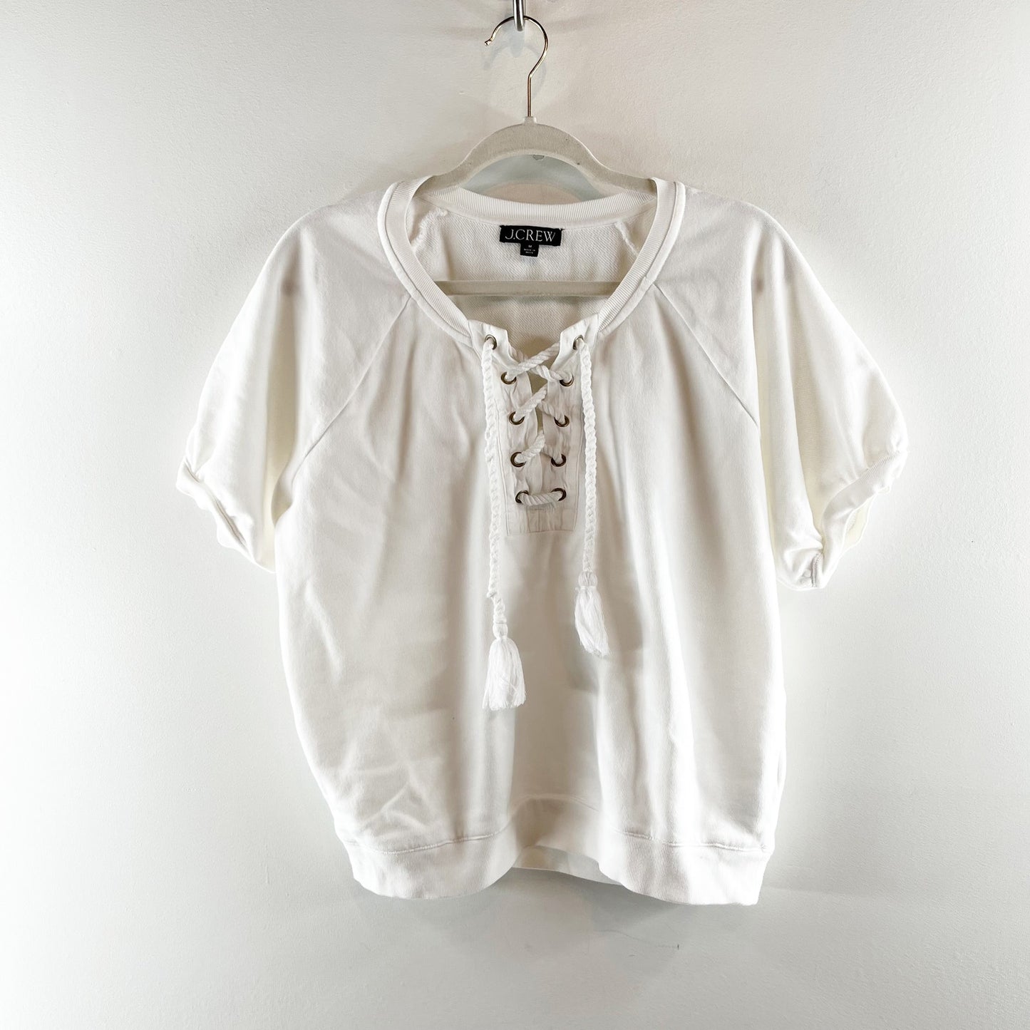 J. Crew University Terry Short-Sleeve Lace-Up Sweatshirt Top White Medium