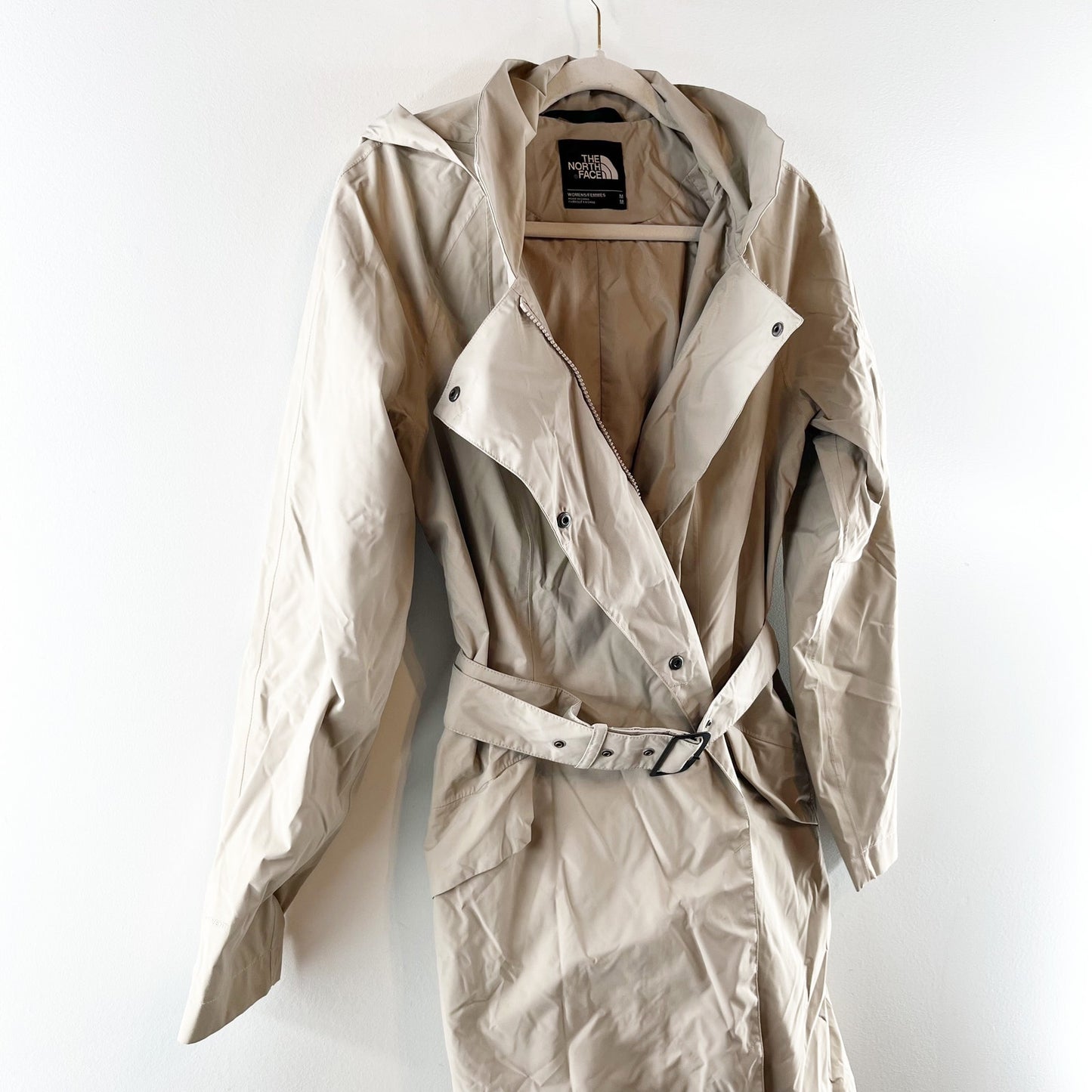 The North Face Kadin Long Sleeve Full Zip Hooded Trench Rain Coat Beige Medium