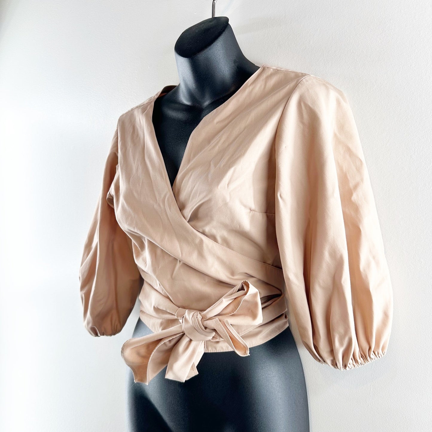 Amanda Uprichard Puff Sleeve Cropped Tie Waist Bow Wrap Top Beige Small