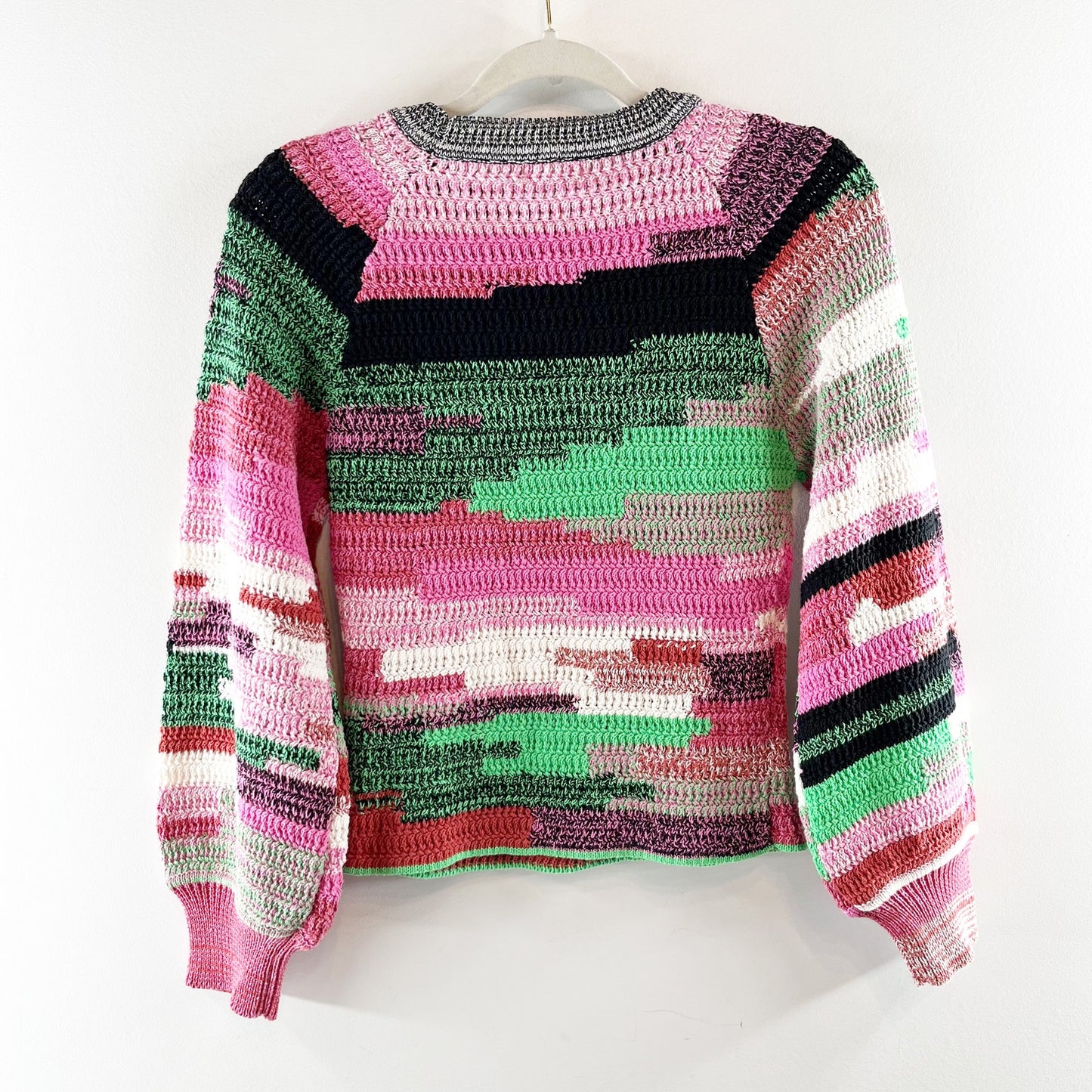 A.L.C Nova Crewneck Balloon Crochet Pullover Sweater Pink Green XS