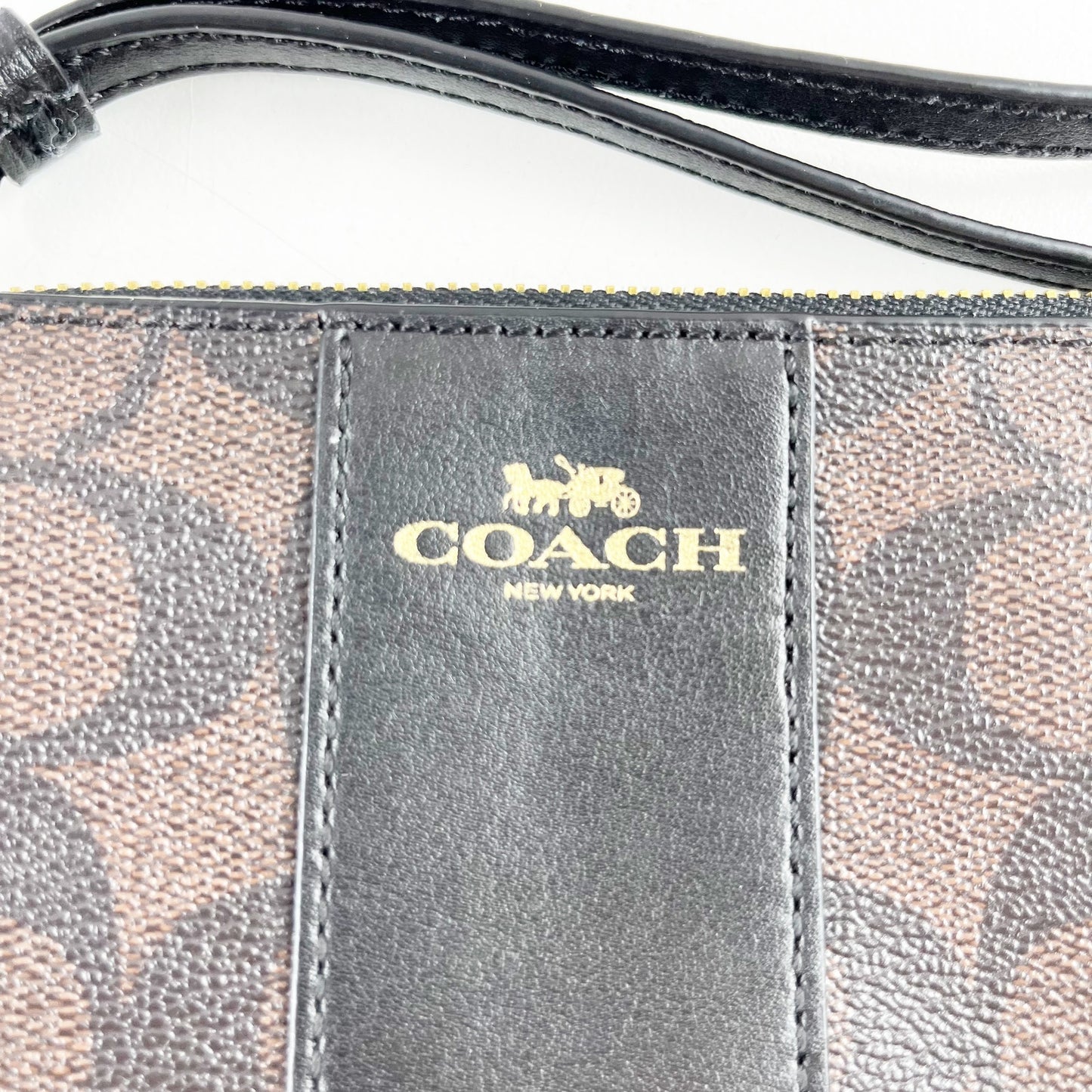 Coach Signature C Logo Zip Square Canvas Wallet Wristlet Brown Black