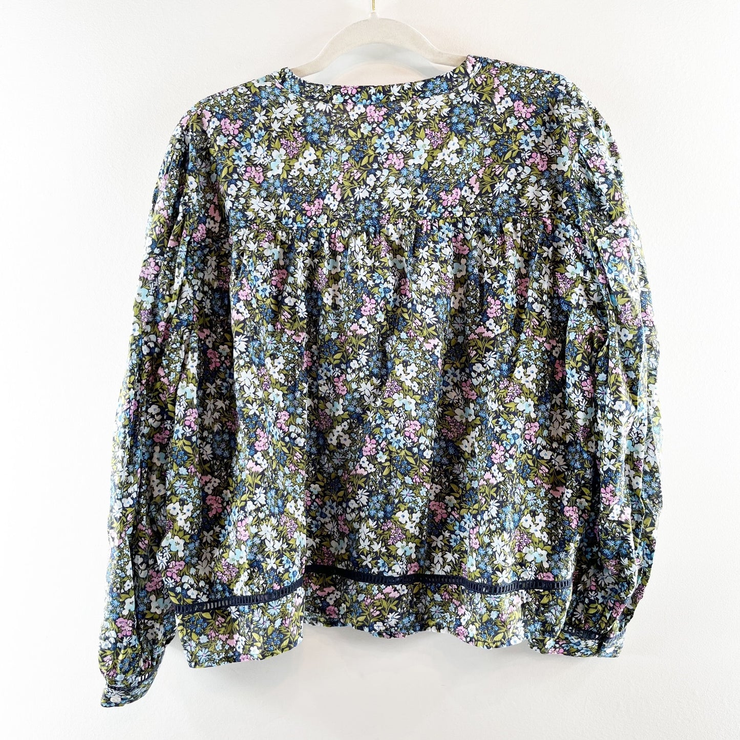Old Navy Pintucked Cropped Boxy Long Sleeve Floral Blouse Shirt Blue Green 2X