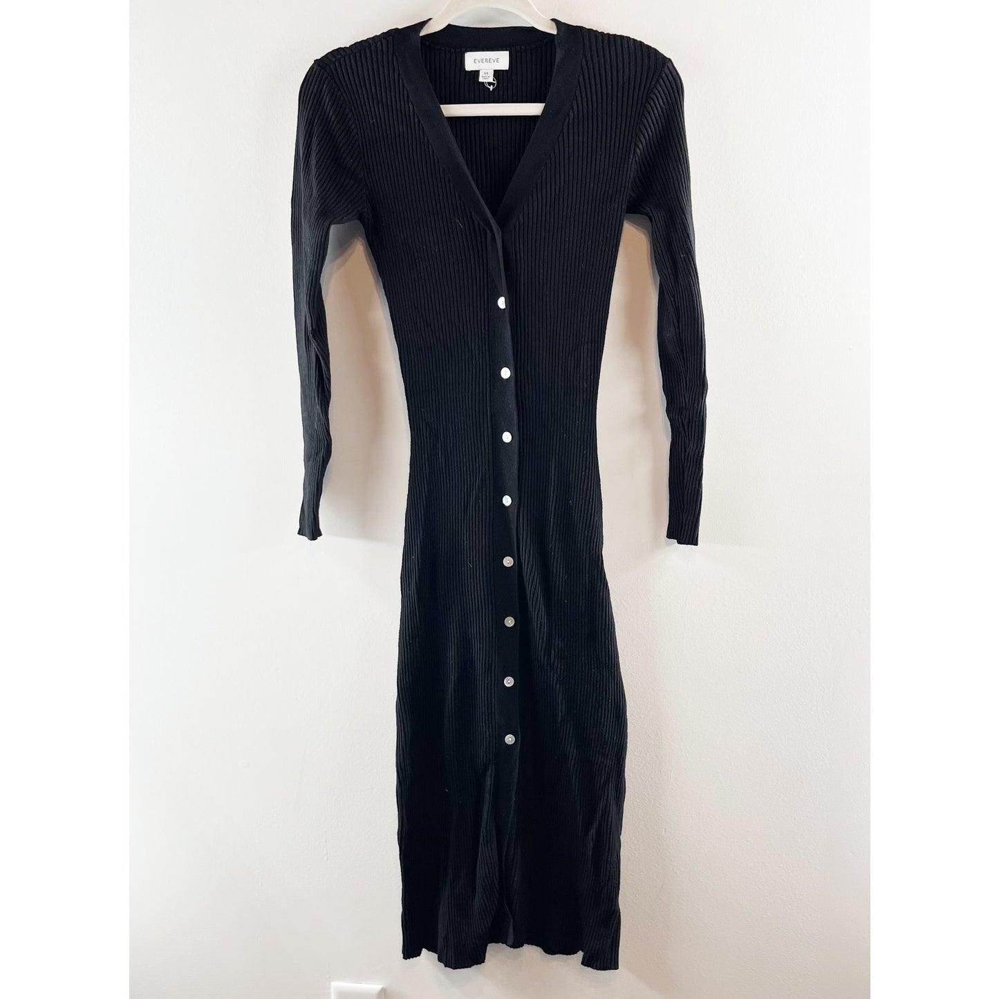 Evereve Ribbed V Neck Button Up Sweater Midi Dress Black XS