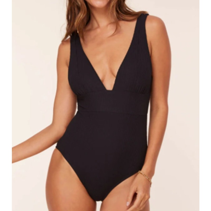Andie Swim Mykonos Plunge Ribbed One Piece Swimsuit Black Medium