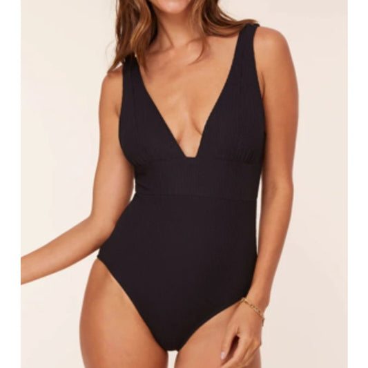 Andie Swim Mykonos Plunge Ribbed One Piece Swimsuit Black Medium