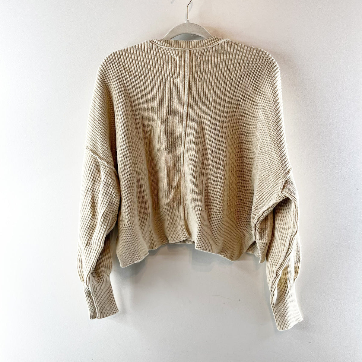 Aerie Beyond Ribbed Long Sleeve Cropped Scoopneck Sweater Tan Beige Medium