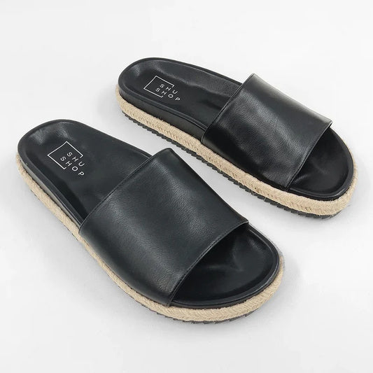 ShuShop Crisanta Faux Leather Slip On Slides Sandals Black 8
