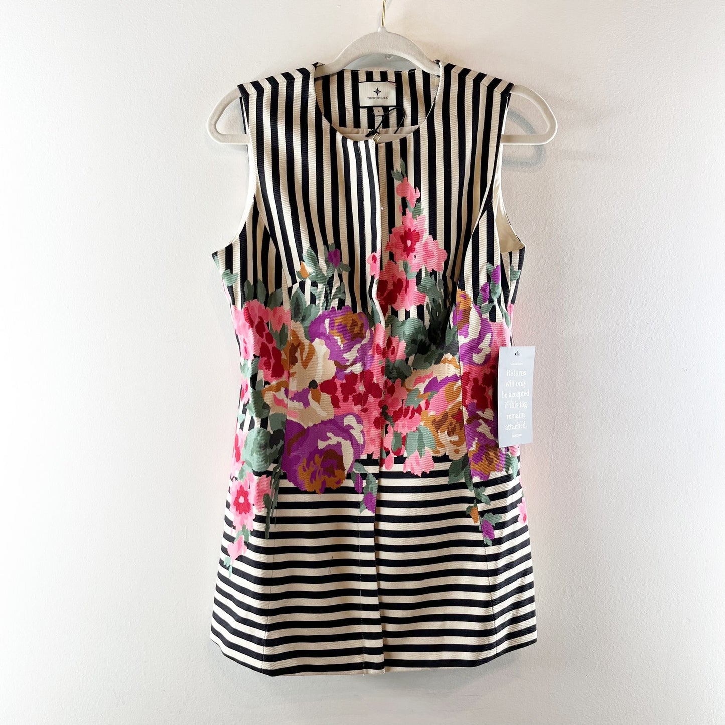 Tuckernuck Rhoda Flowering Trellis Striped Structured Tunic Top White Black 6