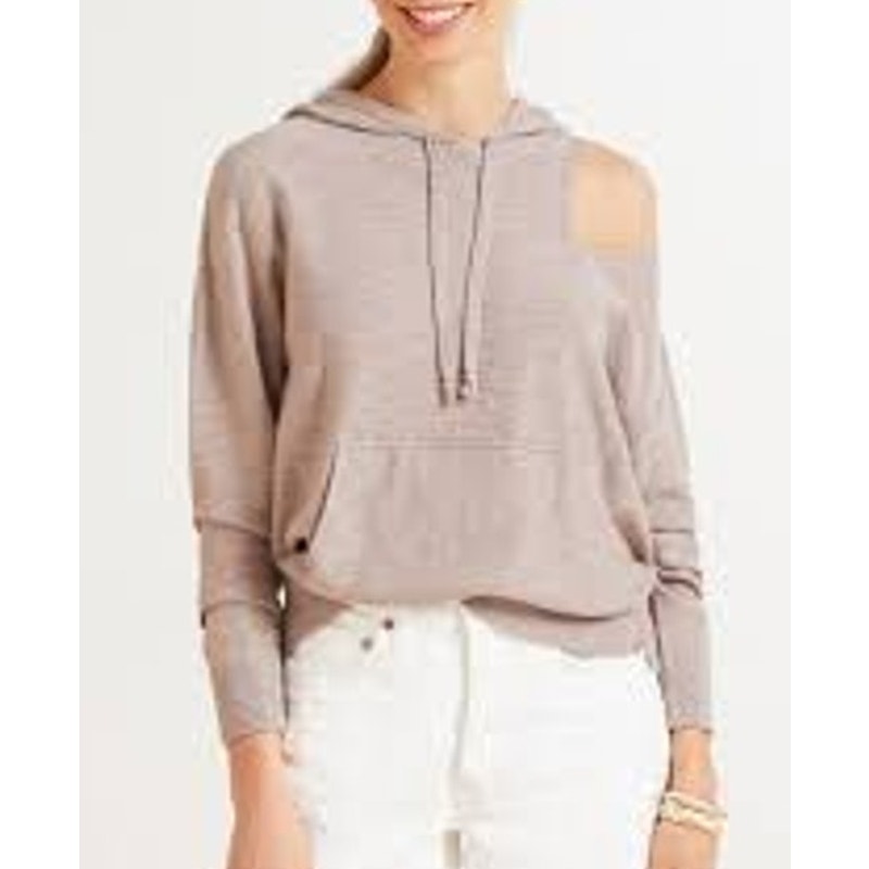 Roan + Ryan Corinne Shoulder Cut Out Hoodie Sweater Sweatshirt Tan Beige XS