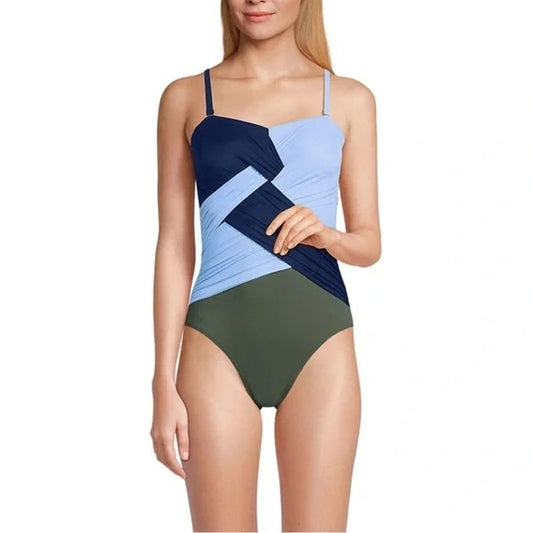 Lands' End Colorblock One Piece Swimsuit Blue Green 12