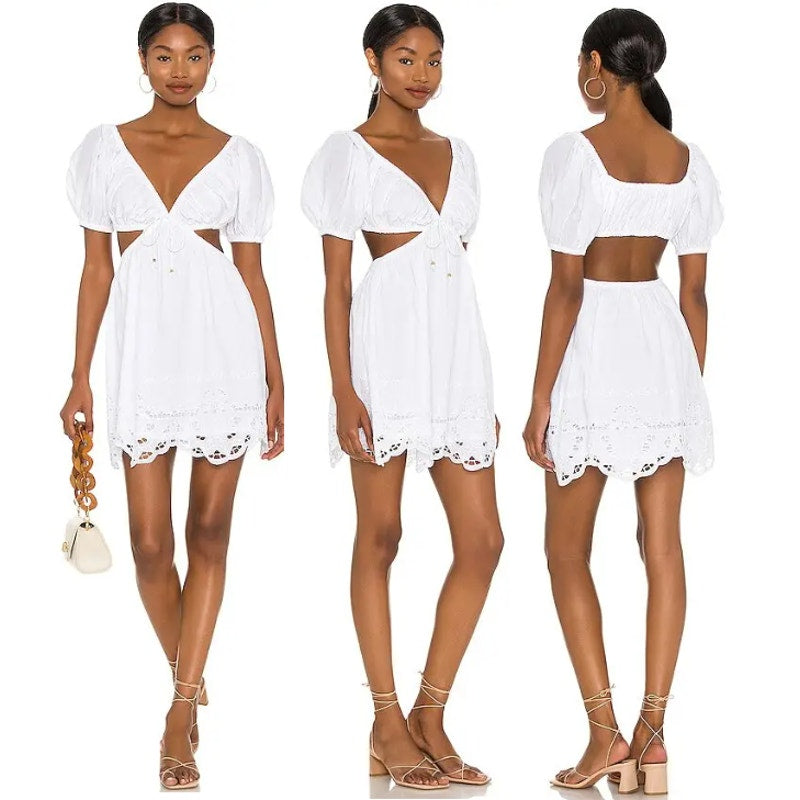 Tularosa Colleen Puff Sleeve Cutout V-Neck Eyelet Hem Mini Dress White Small