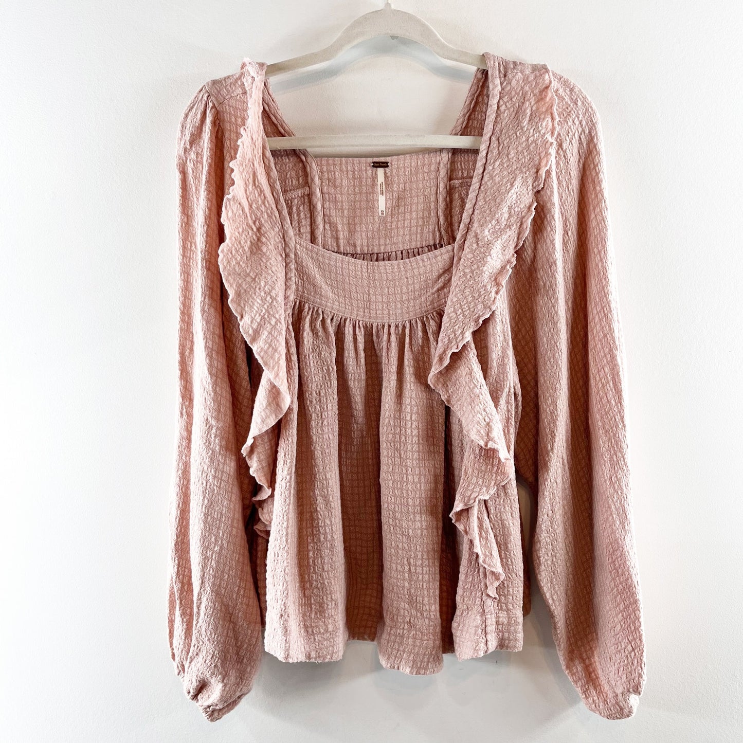 Free People Bonnie Ruffle Long Sleeve Square Neck Blouse Top Pink XS