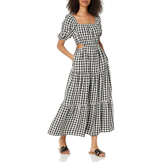 The Drop Anaya Square Neck Cut-Out Tiered Maxi Dress Gingham Black White Small