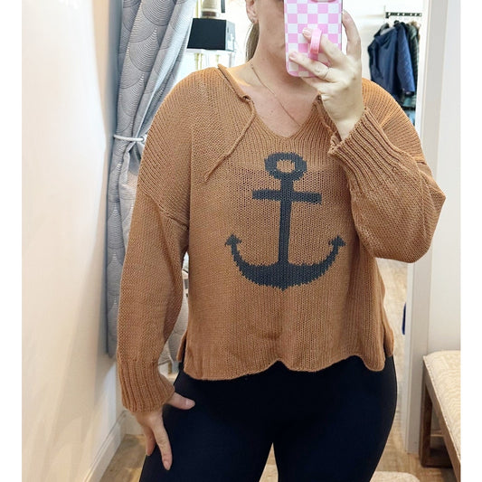 Wooden Ships Long Sleeve V Neck Cotton Anchor Sweater Brown M / L