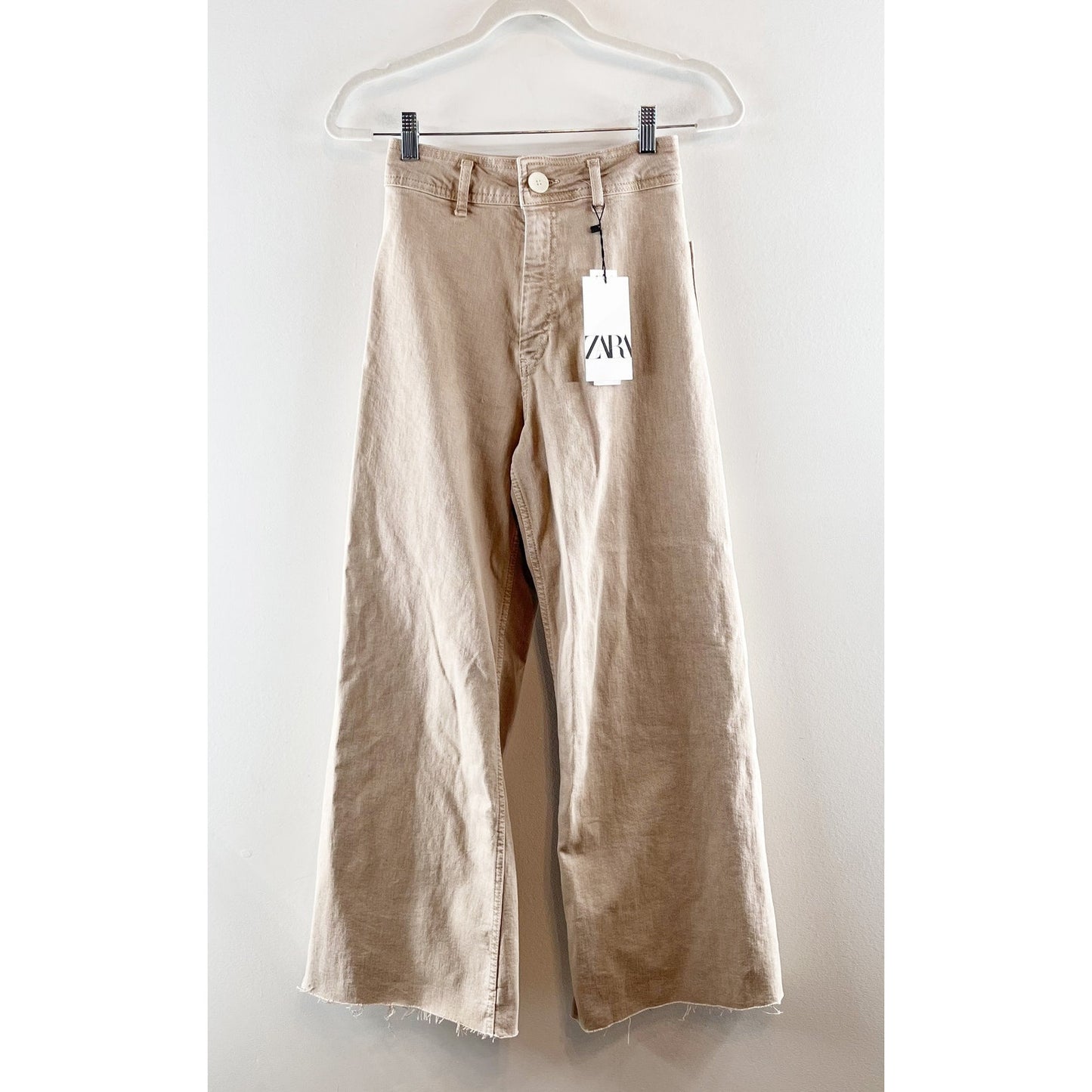 ZARA High Rise Wide Leg Stretch Marine Jeans Pants Khaki Tan 2