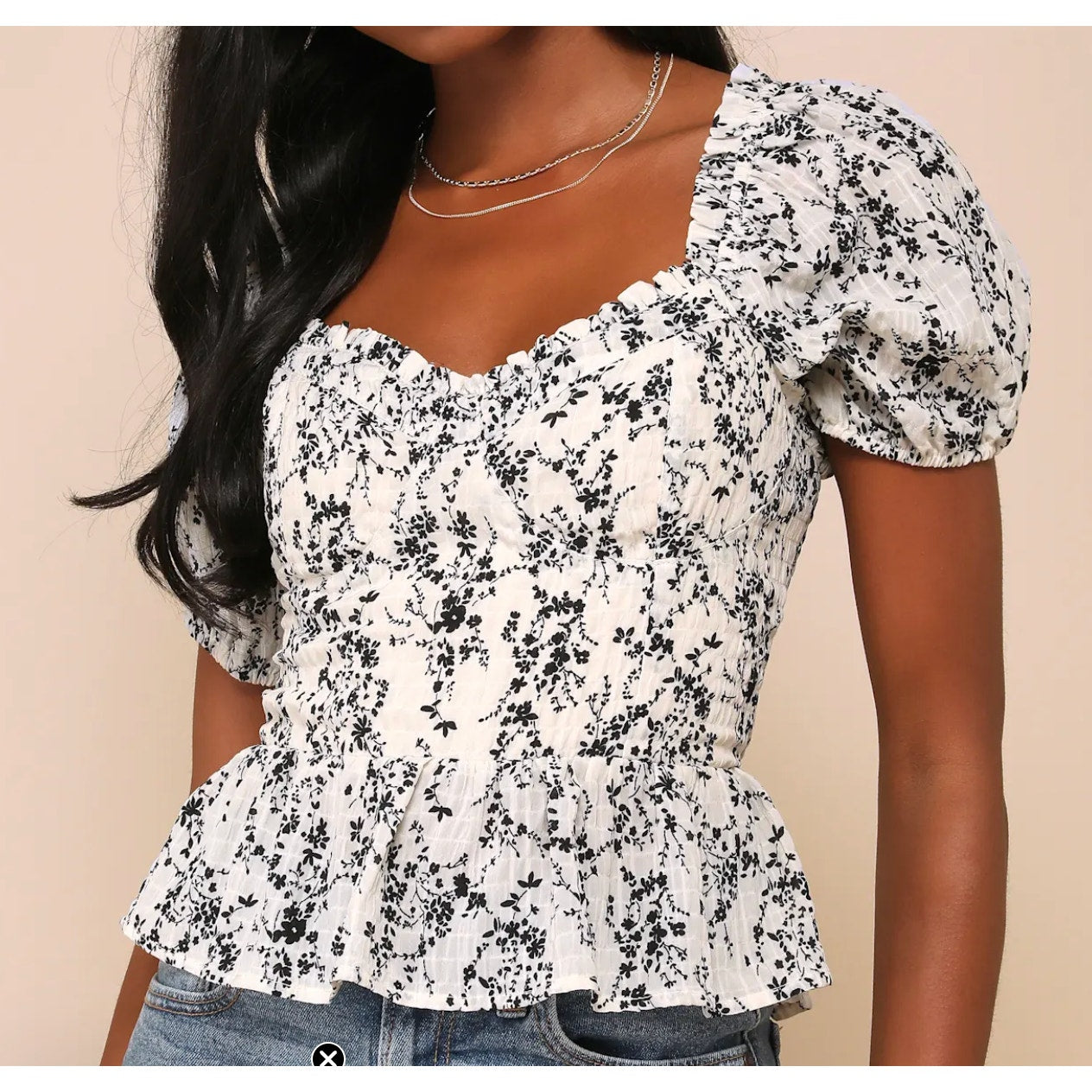 Lulus Sweetest Direction Floral Puff Sleeve Top Ivory Black Large