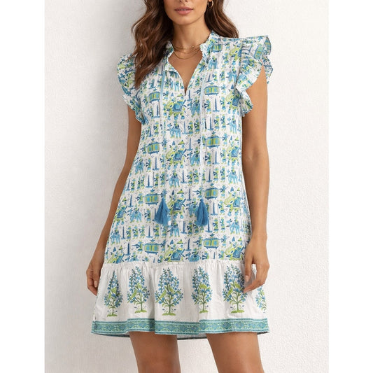 Islapayal Cotton Tunic Printed Ruffle Sleeve Mini Dress White Blue Green Medium