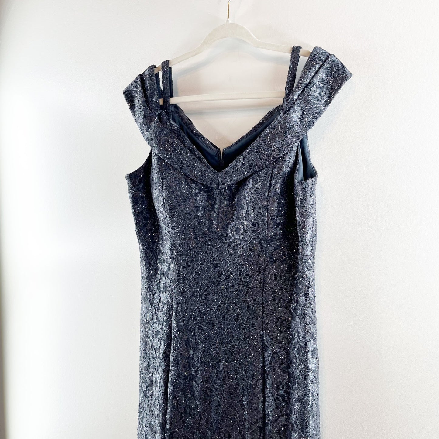 R&M Richards Off The Shoulder Lace Maxi Dress Gown Navy Blue 14