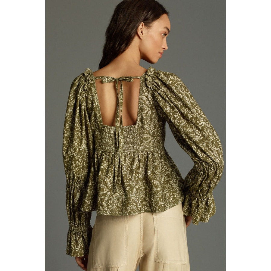 Pilcro Anthropologie Long Sleeve Square Neck Corduroy Peplum Top Green XL