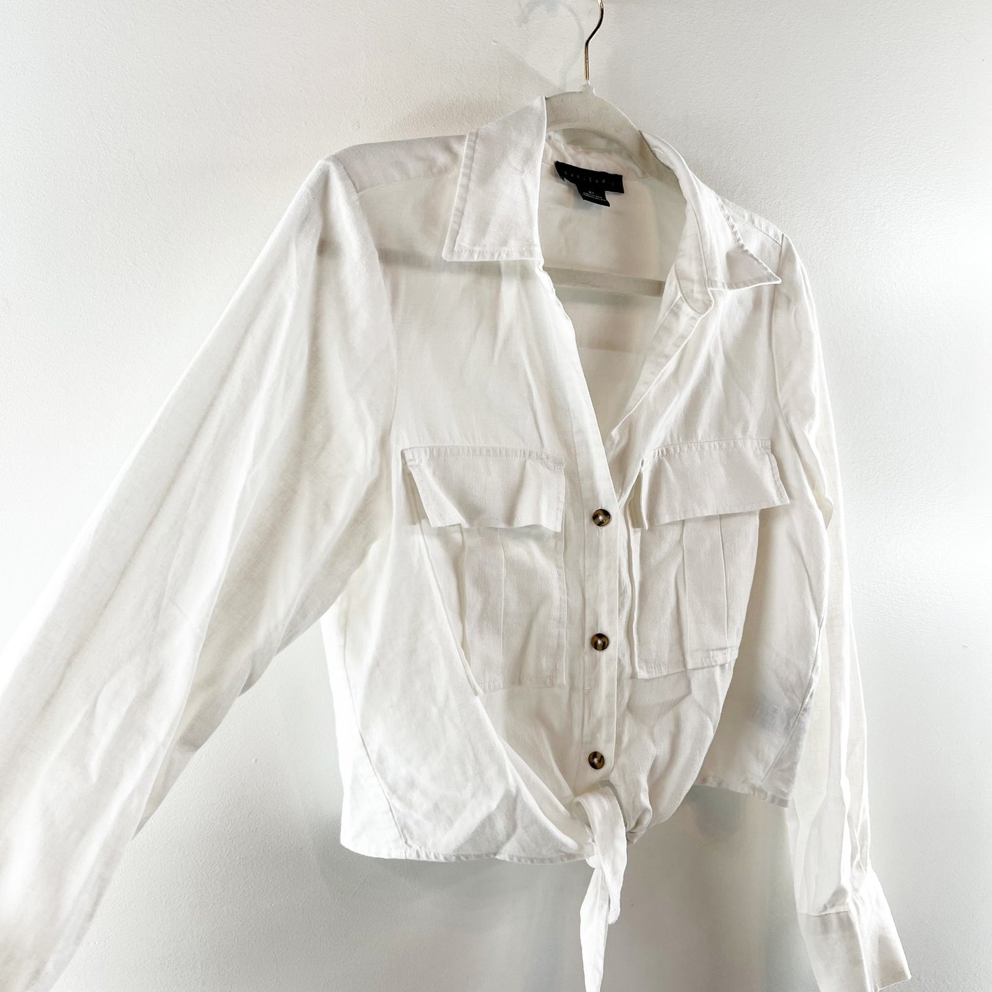 Sanctuary Utility Long Sleeve Chest Pocket Tie-Front Button-Up Shirt White XS
