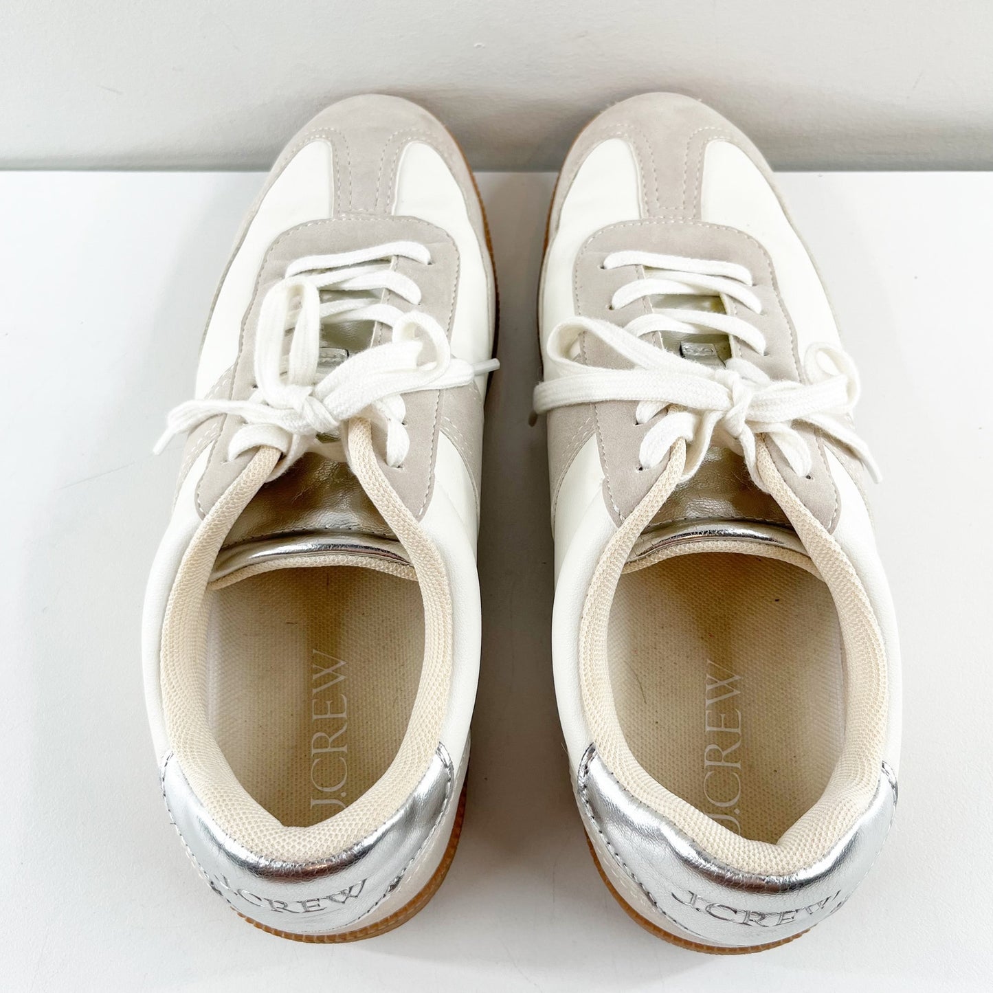 J. Crew Faux Suede Leather Low Top Field Sneakers Metallic Multi Cream Gray 8