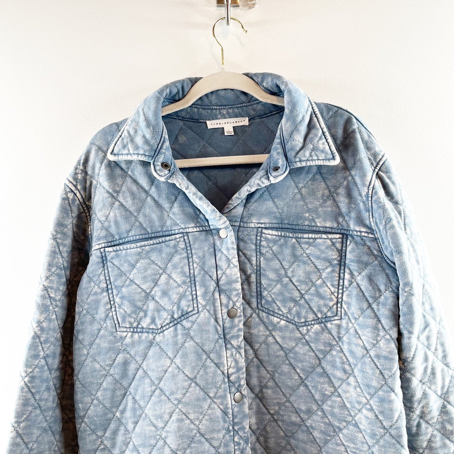 Jane + Delancey Long Sleeve Button Up Quilted Denim Washed Jacket Blue Large