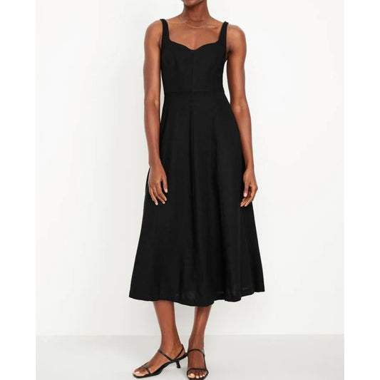 Old Navy Sweetheart Neckline Linen Blend Midi Dress Black Medium