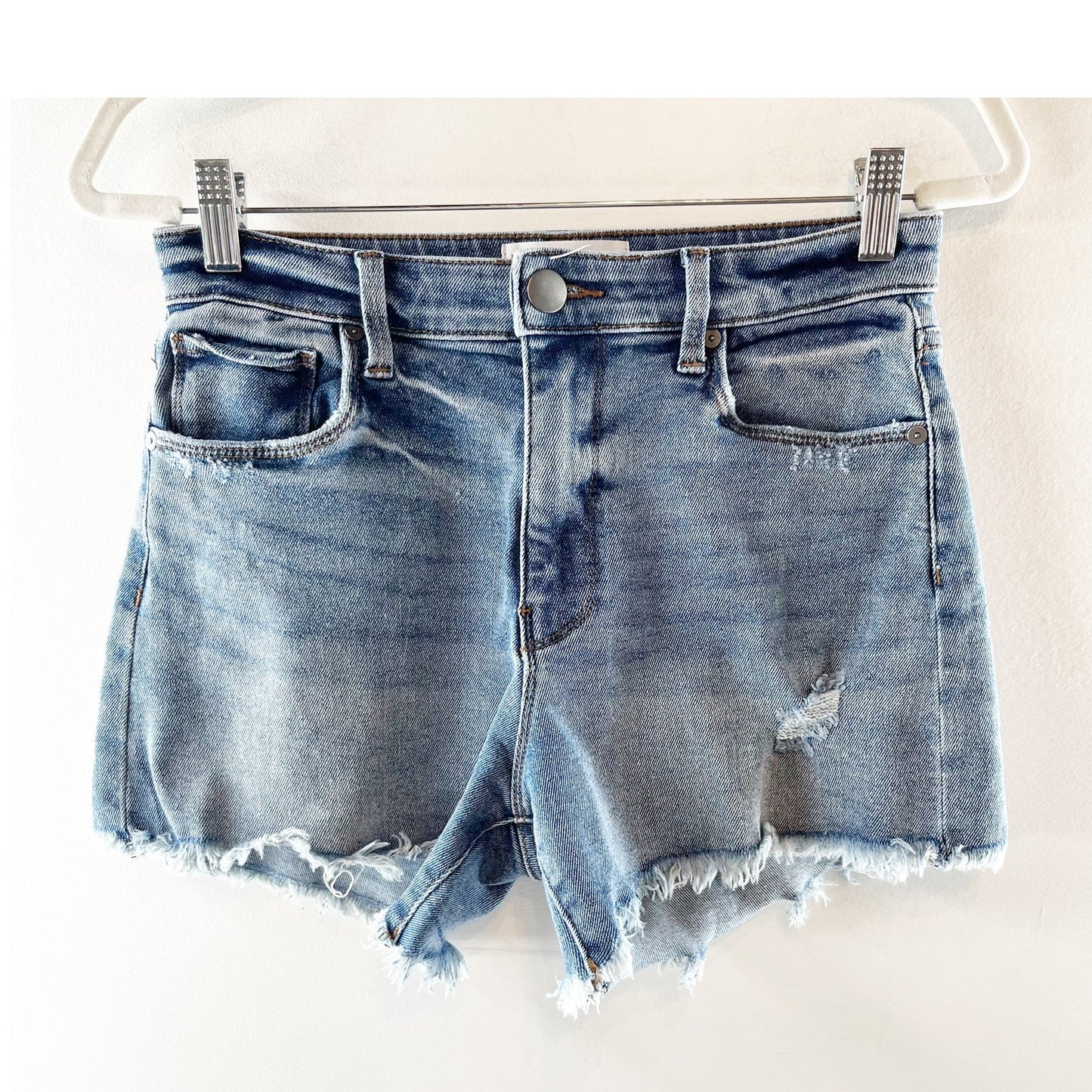 Evereve The Ever Short Mid Rise Stretch Raw Hem Denim Shorts Blue 25