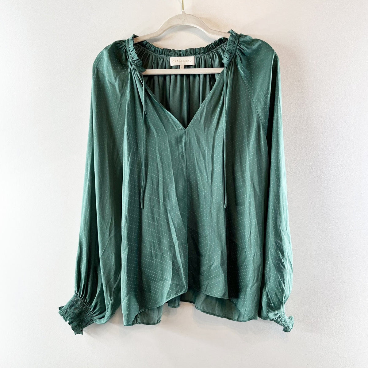 Caballero Long Sleeve V Neck Satin Blouse Top Green Large