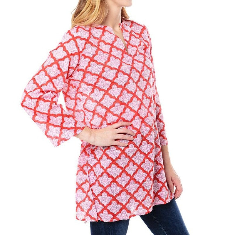 Roberta Roller Rabbit Kurta Long Sleeve Printed Jemina Top Shirt Coral Pink L