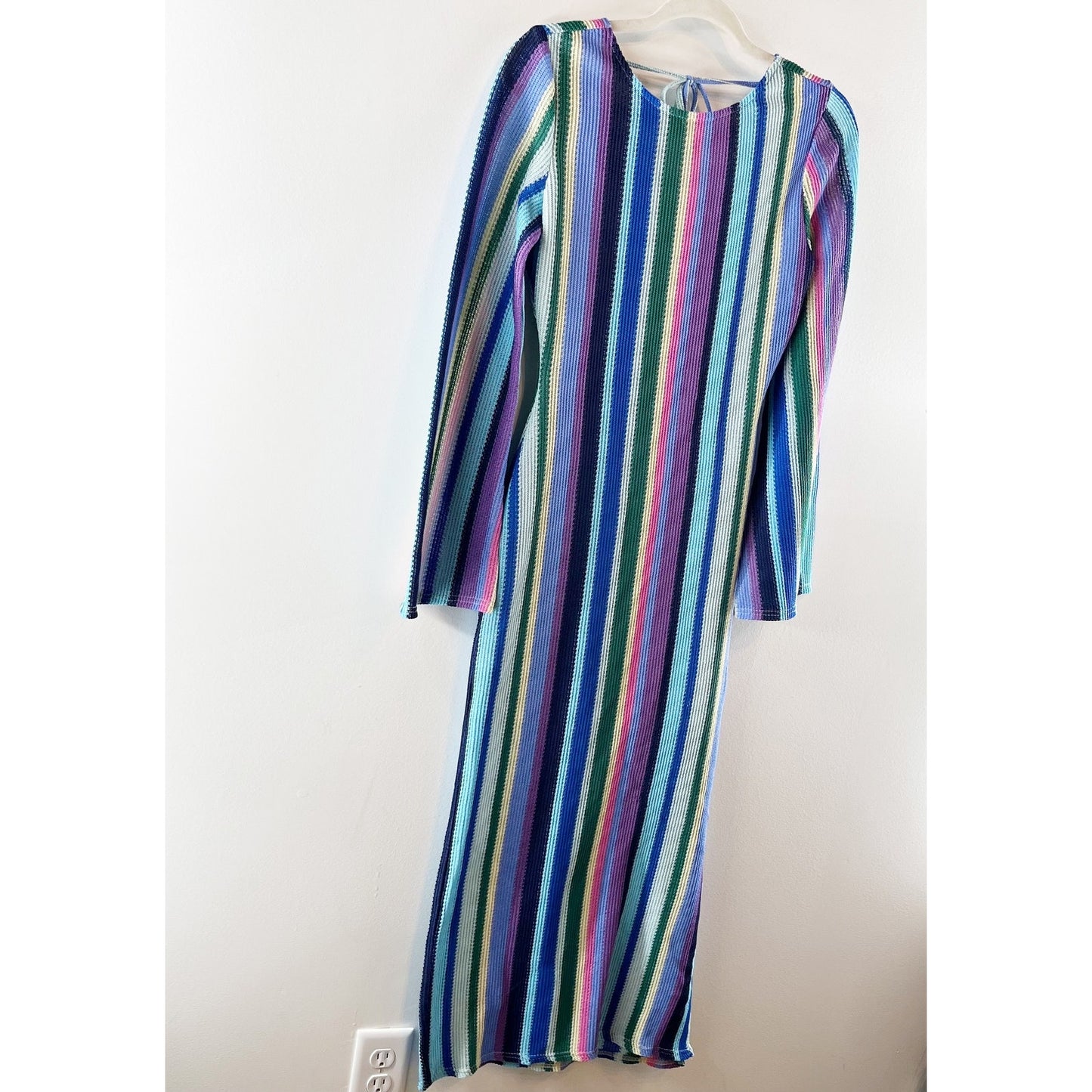 VICI Long Sleeve Striped Rainbow Crochet Cover Up Dress Blue XS