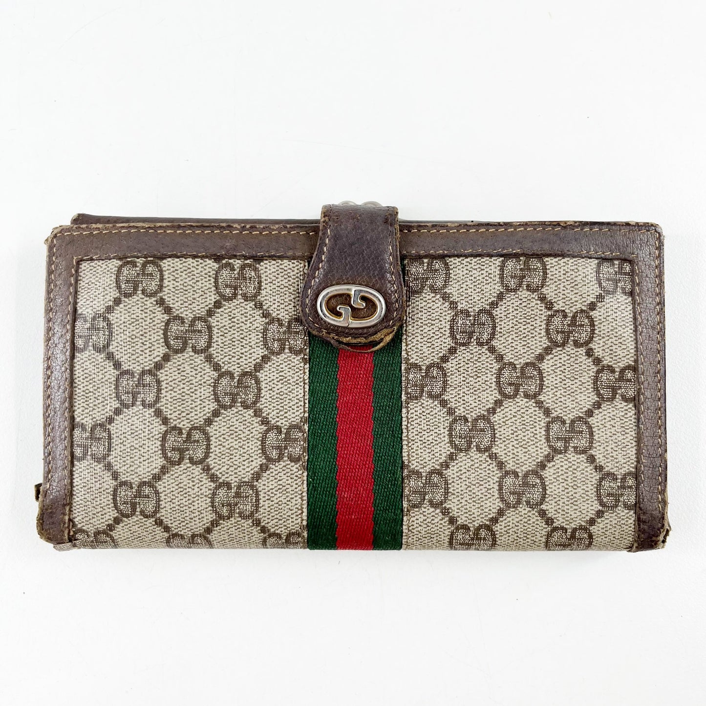Gucci Vintage GG Supreme Web Long Trifold Wallet French Purse Brown