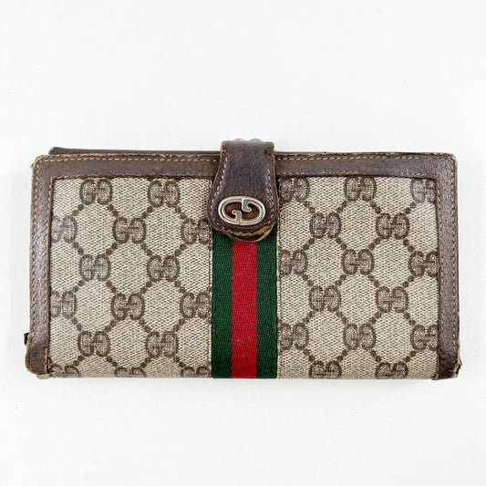 Gucci Vintage GG Supreme Web Long Trifold Wallet French Purse Brown