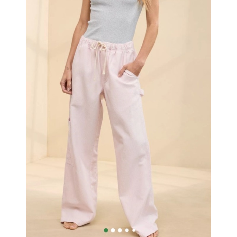 Aerie Low and Slouchy Wide Leg Pinstriped Drawstring Trouser Pants Pink Large