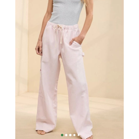 Aerie Low and Slouchy Wide Leg Pinstriped Drawstring Trouser Pants Pink Large