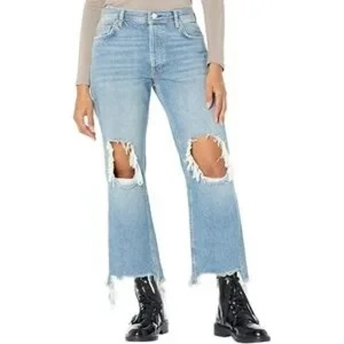 Free People Mid Rise Maggie Button Fly Busted Knees Raw Hem Jeans Blue 25