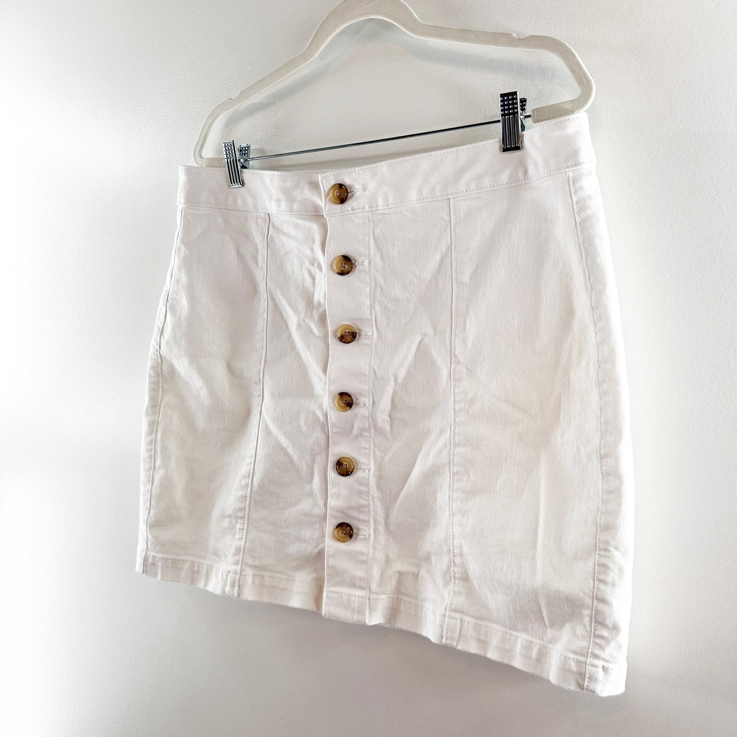 LOFT Cotton Blend High Waisted Button Front Denim A-Line Mini Skirt White 14