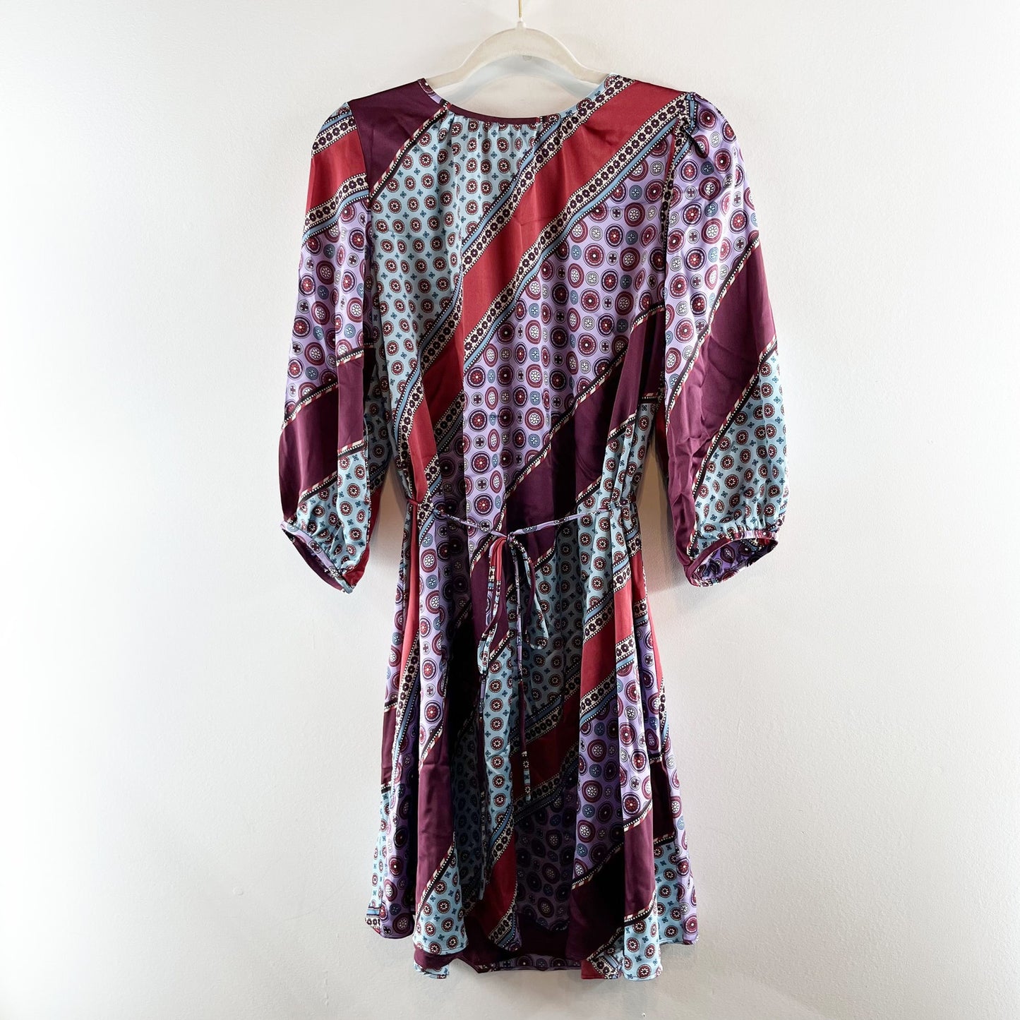 Ann Taylor 3/4 Sleeve Satin Geo Stripe Printed Mini Dress Maroon Teal Purple 6
