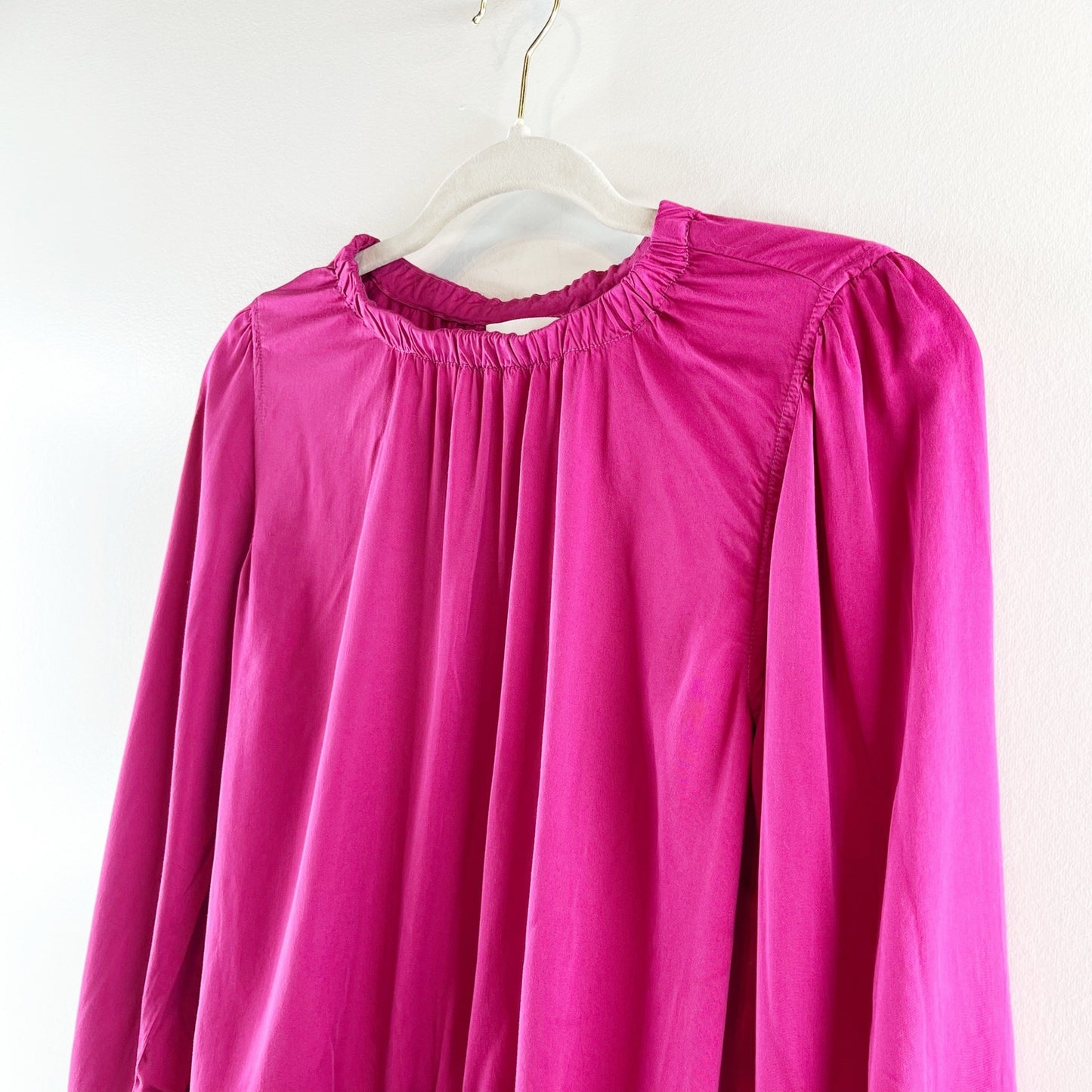 Cloth & Stone Lux Satin Balloon Sleeve Round Neck Banded Blouse Top Pink Small