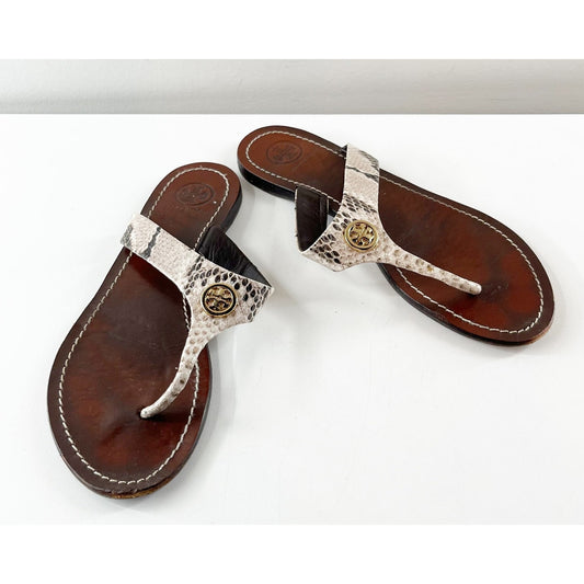 Tory Burch Cameron Snakeskin Embossed Leather Flat Thong Sandals Brown 7