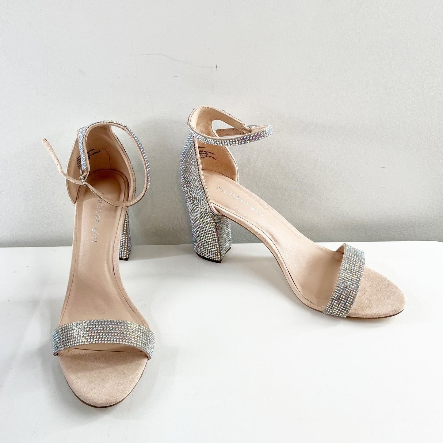 Madden Girl Beela R Rhinestone Ankle Strap Block Heel Dress Sandal Silver 10