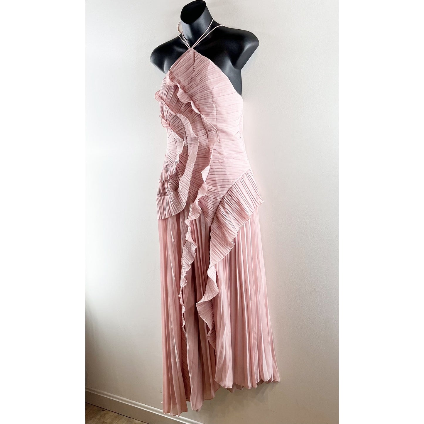 Boutique High Neck Ruffled Pleated Halter Maxi Dress Gown Blush Pink Medium