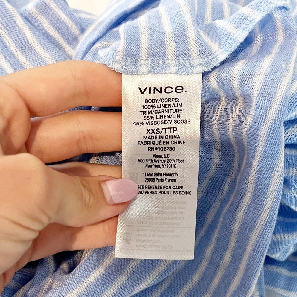 Vince. 100% Linen Striped Elbow Length Crewneck Tee Shirt Blue XXS