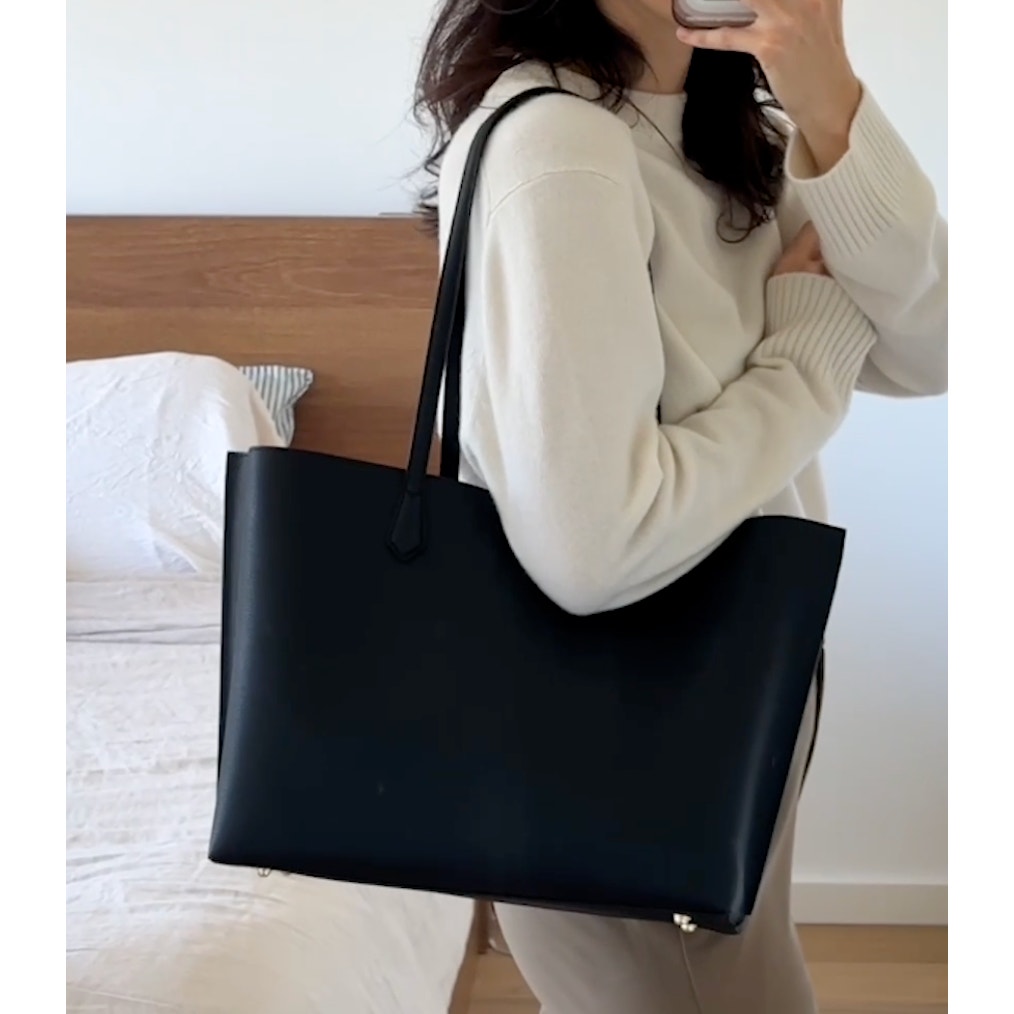 Quince Adeline Leather Triple Compartment Shopper Tote Handbag Purse Black