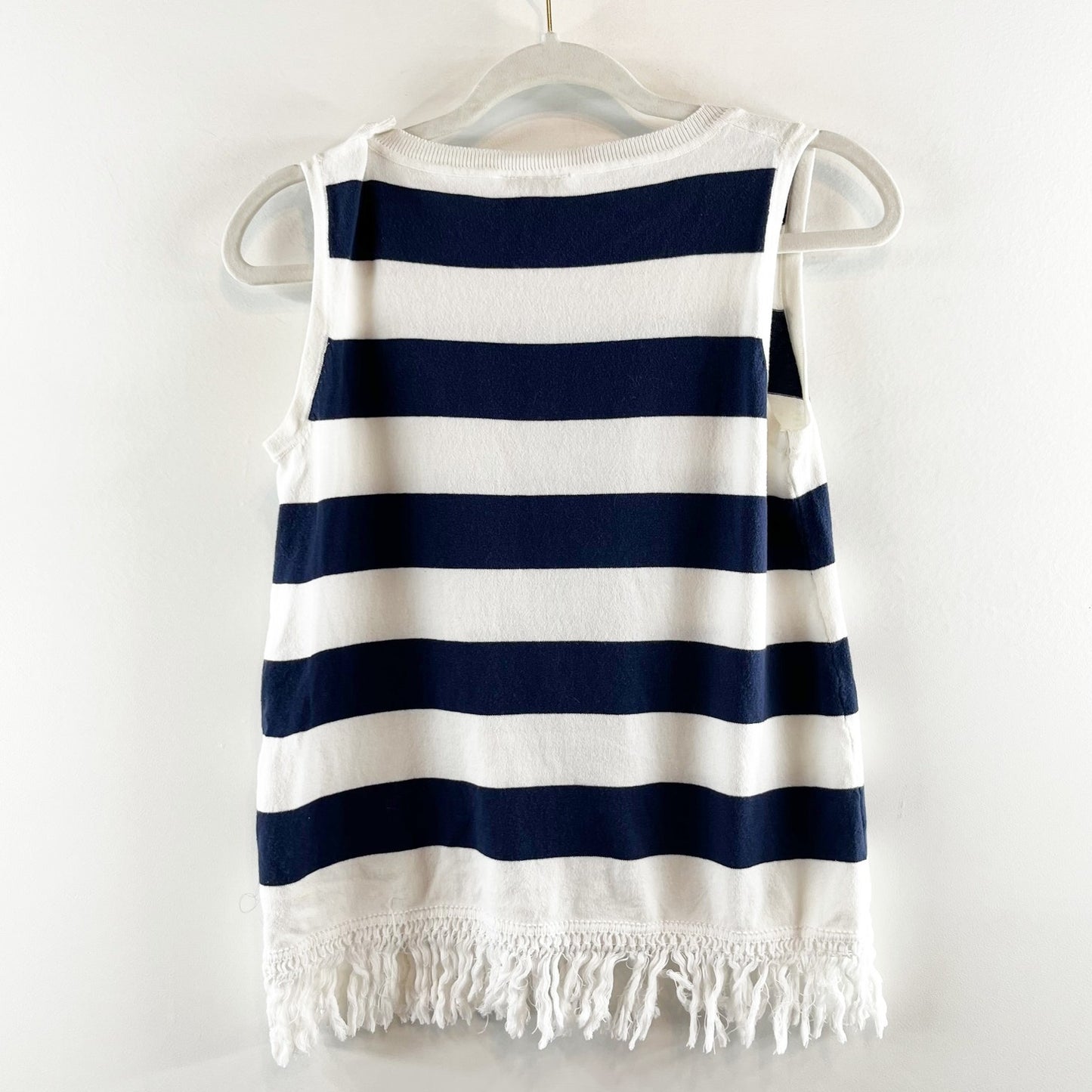 Sail to Sable Hydna Fringe Trim Striped Sweater Tank Top White Blue XS