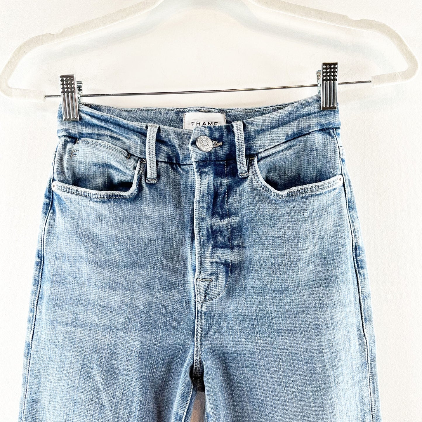 FRAME Le Super High Flare Raw Hem Frayed Jeans Blue 25 / 0