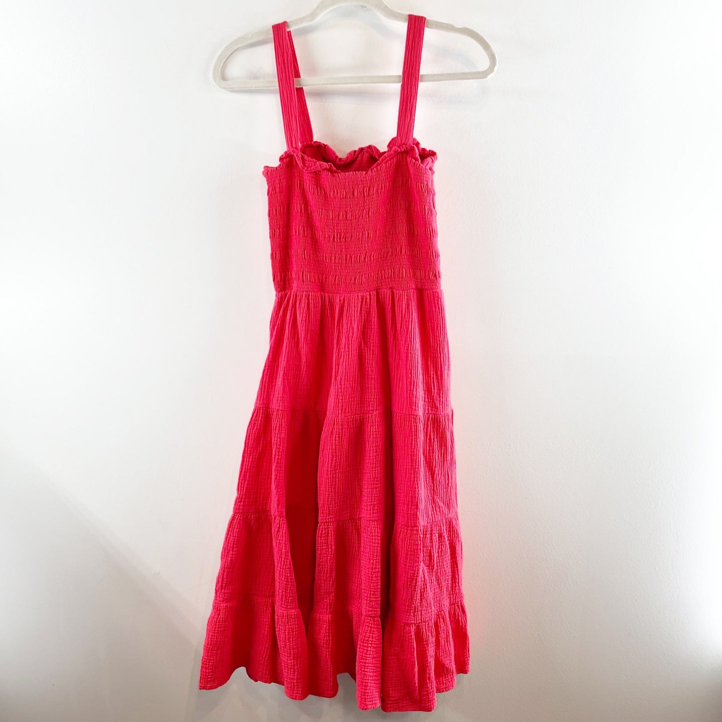 C&C California Smocked Gauzy Cotton Tiered Midi Dress Red Small