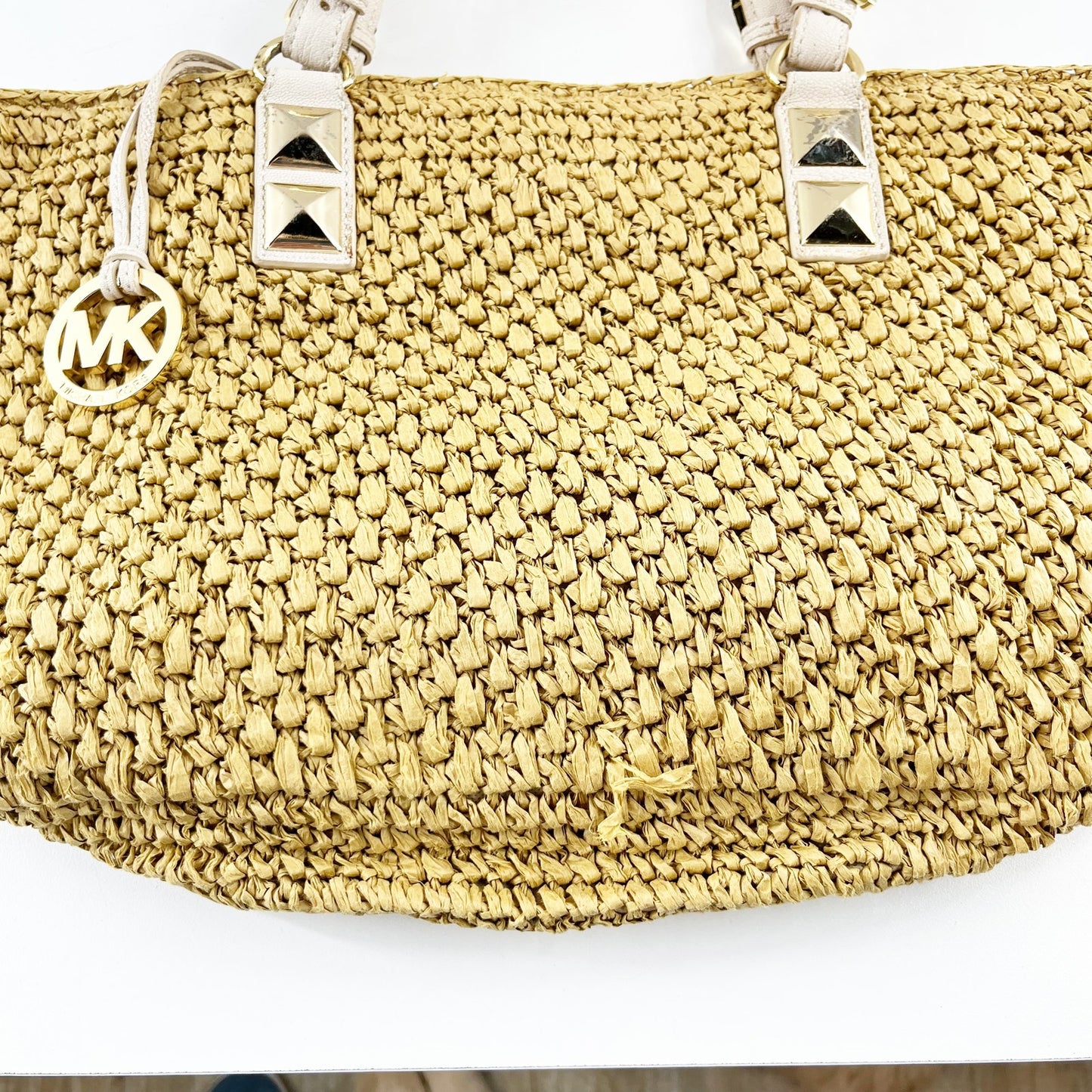 Michael Kors Santorini Straw Raffia Tote Bag Beach Tan White