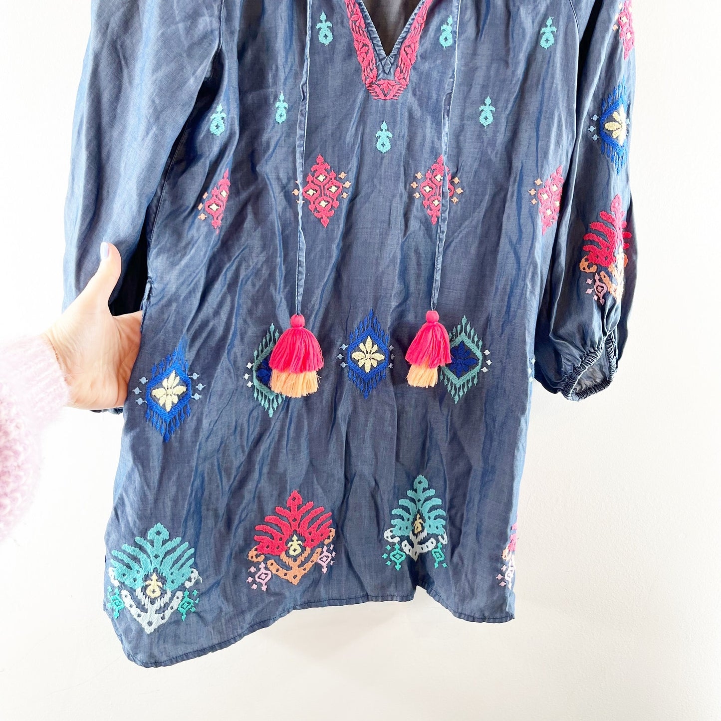 Tommy Bahama Long Sleeve V Neck Embroidered Tunic Mini Dress Chambray Blue XS