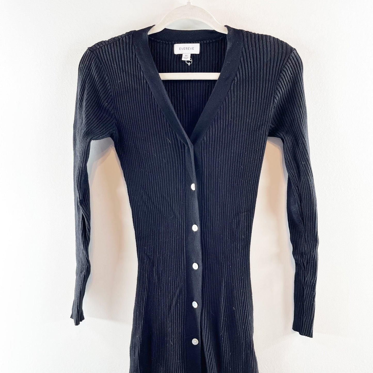 Evereve Ribbed V Neck Button Up Sweater Midi Dress Black XS